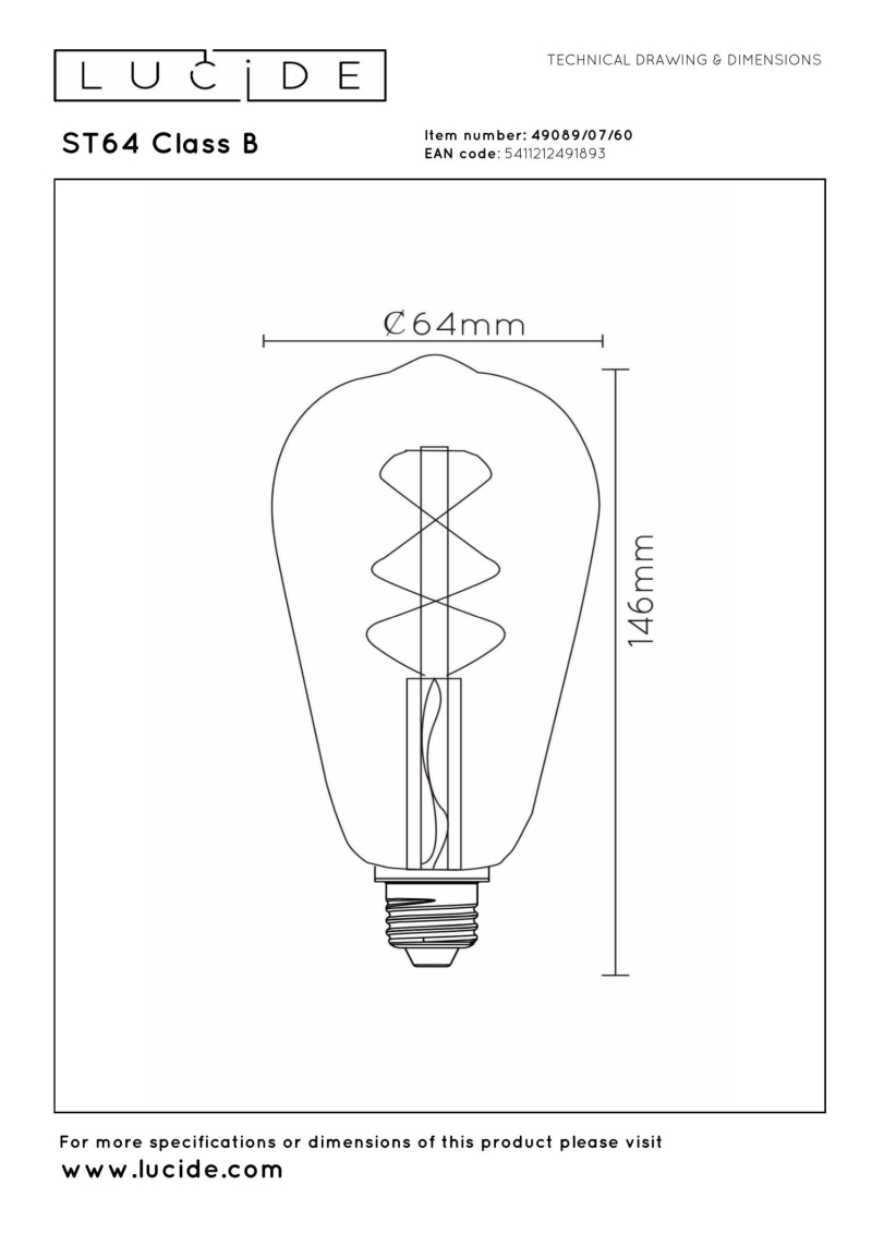 Lucide ST64 Trieda B - Vláknová žiarovka - Ø 6,4 cm - LED Rozm. - E27 - 1x7W 2700K - Transparent